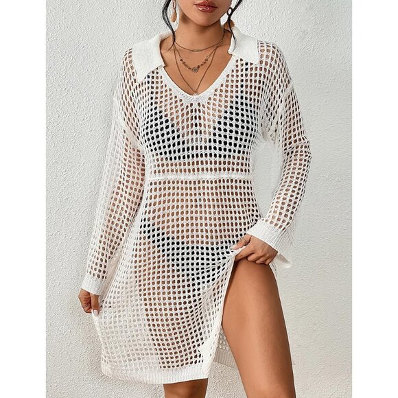 🆕Women White Polyester Crochet Cover Up Long Sleeve Beach Summer Dress Top - Picture 4 of 7